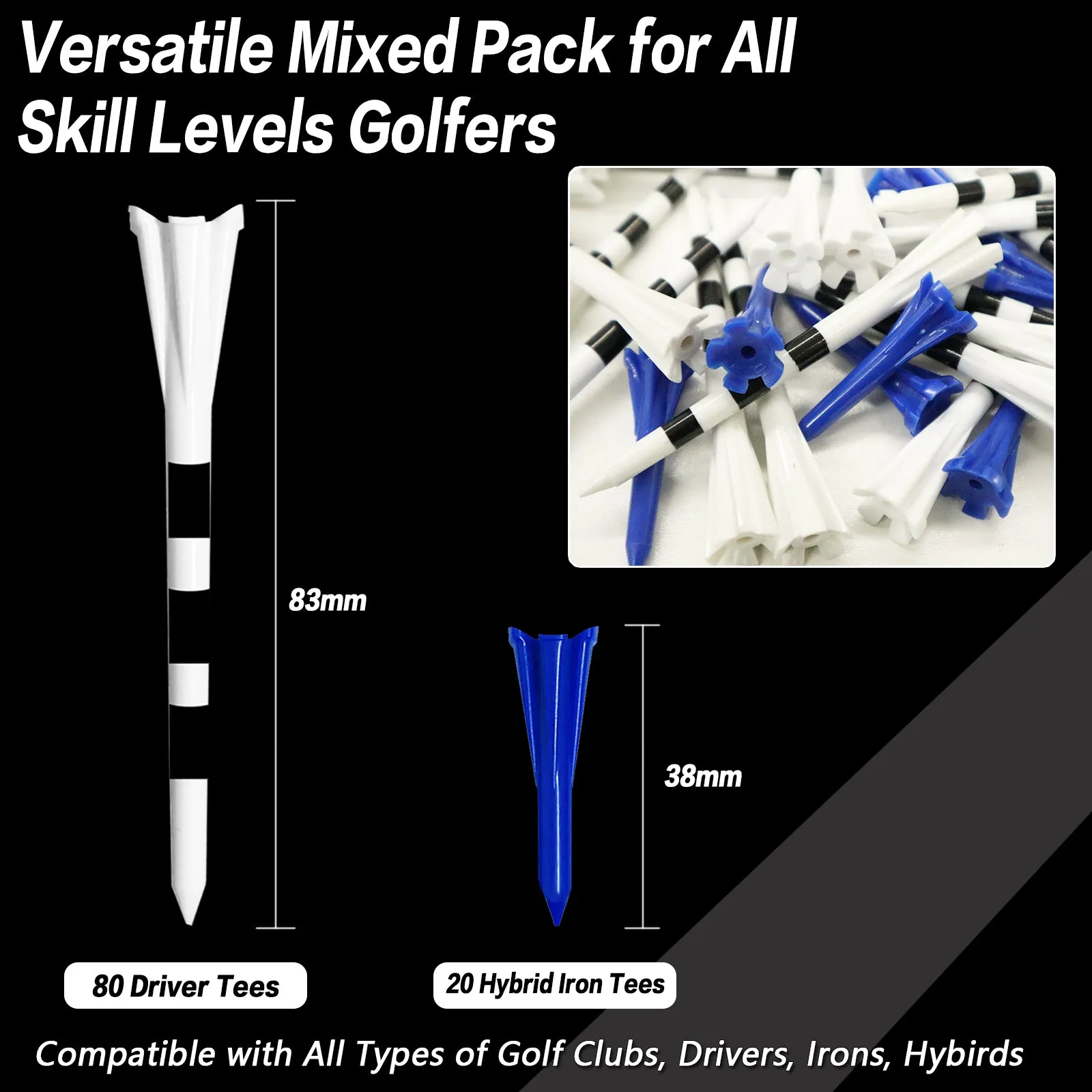 Golf Tees Plastic 80 Driver with 20 Iron Mixed 100 Pack