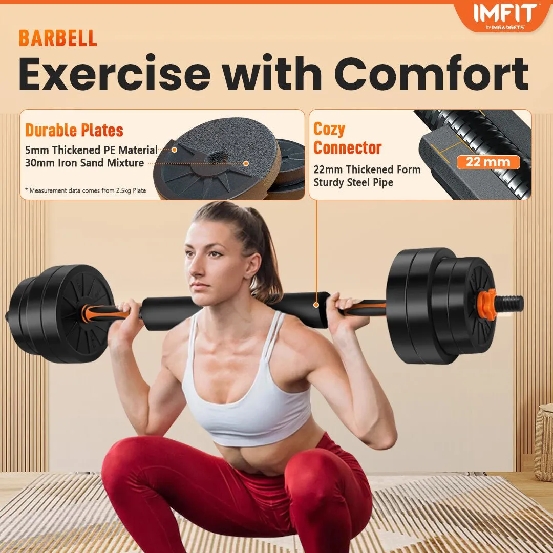 IMFIT AIO Weight Adjustable Dumbbells | Dumbbells, Barbells, Kettlebell, Push-Up Bars for Full Body Workout and Muscle Toning for home gym | Ergonomic, Safe, and Compact gym equipment for total body workouts.