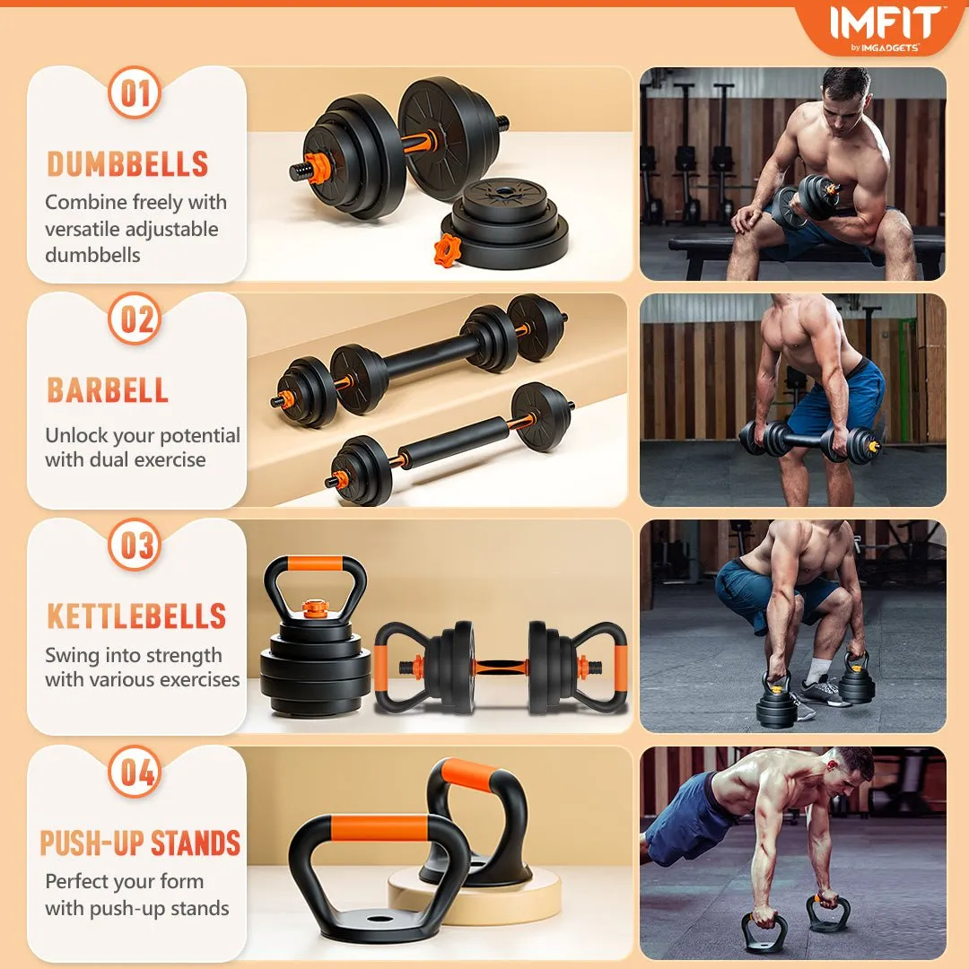 IMFIT AIO Weight Adjustable Dumbbells | Dumbbells, Barbells, Kettlebell, Push-Up Bars for Full Body Workout and Muscle Toning for home gym | Ergonomic, Safe, and Compact gym equipment for total body workouts.