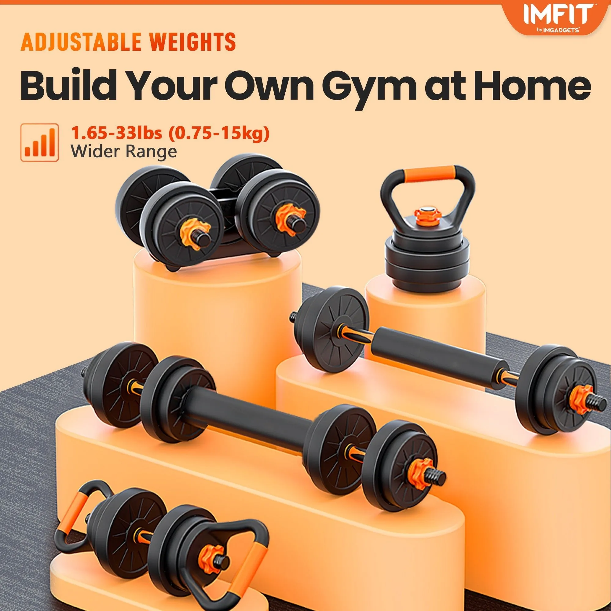 IMFIT AIO Weight Adjustable Dumbbells | Dumbbells, Barbells, Kettlebell, Push-Up Bars for Full Body Workout and Muscle Toning for home gym | Ergonomic, Safe, and Compact gym equipment for total body workouts.