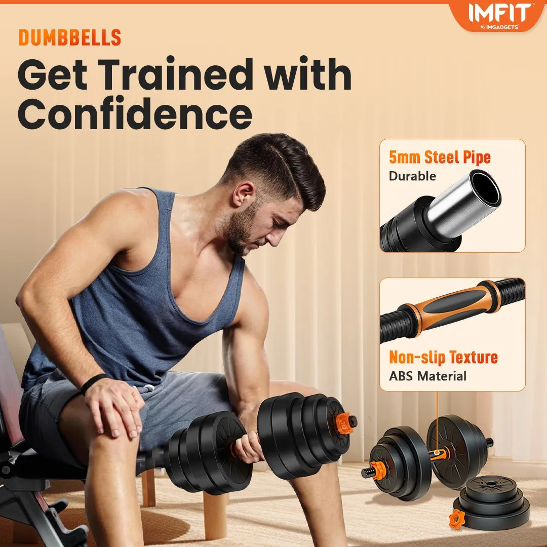 IMFIT AIO Weight Adjustable Dumbbells | Dumbbells, Barbells, Kettlebell, Push-Up Bars for Full Body Workout and Muscle Toning for home gym | Ergonomic, Safe, and Compact gym equipment for total body workouts.