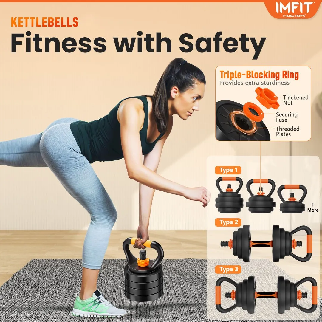 IMFIT AIO Weight Adjustable Dumbbells | Dumbbells, Barbells, Kettlebell, Push-Up Bars for Full Body Workout and Muscle Toning for home gym | Ergonomic, Safe, and Compact gym equipment for total body workouts.