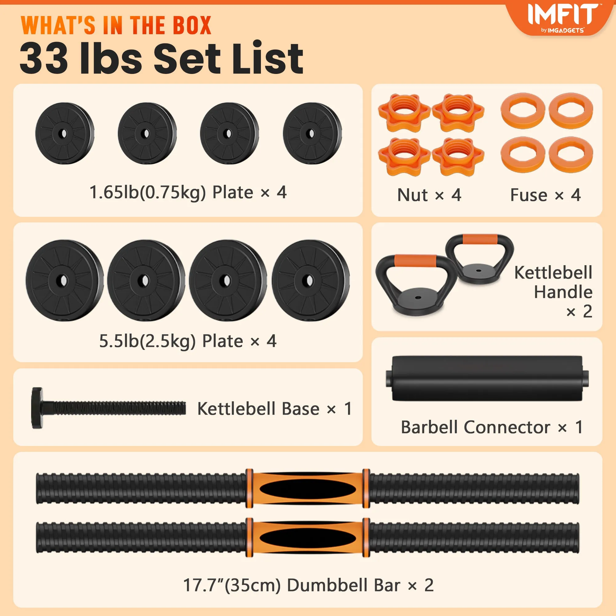 IMFIT AIO Weight Adjustable Dumbbells | Dumbbells, Barbells, Kettlebell, Push-Up Bars for Full Body Workout and Muscle Toning for home gym | Ergonomic, Safe, and Compact gym equipment for total body workouts.