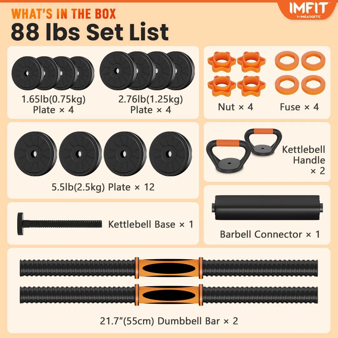 IMFIT AIO Weight Adjustable Dumbbells | Dumbbells, Barbells, Kettlebell, Push-Up Bars for Full Body Workout and Muscle Toning for home gym | Ergonomic, Safe, and Compact gym equipment for total body workouts.
