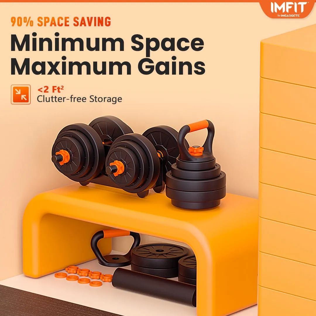 IMFIT AIO Weight Adjustable Dumbbells | Dumbbells, Barbells, Kettlebell, Push-Up Bars for Full Body Workout and Muscle Toning for home gym | Ergonomic, Safe, and Compact gym equipment for total body workouts.