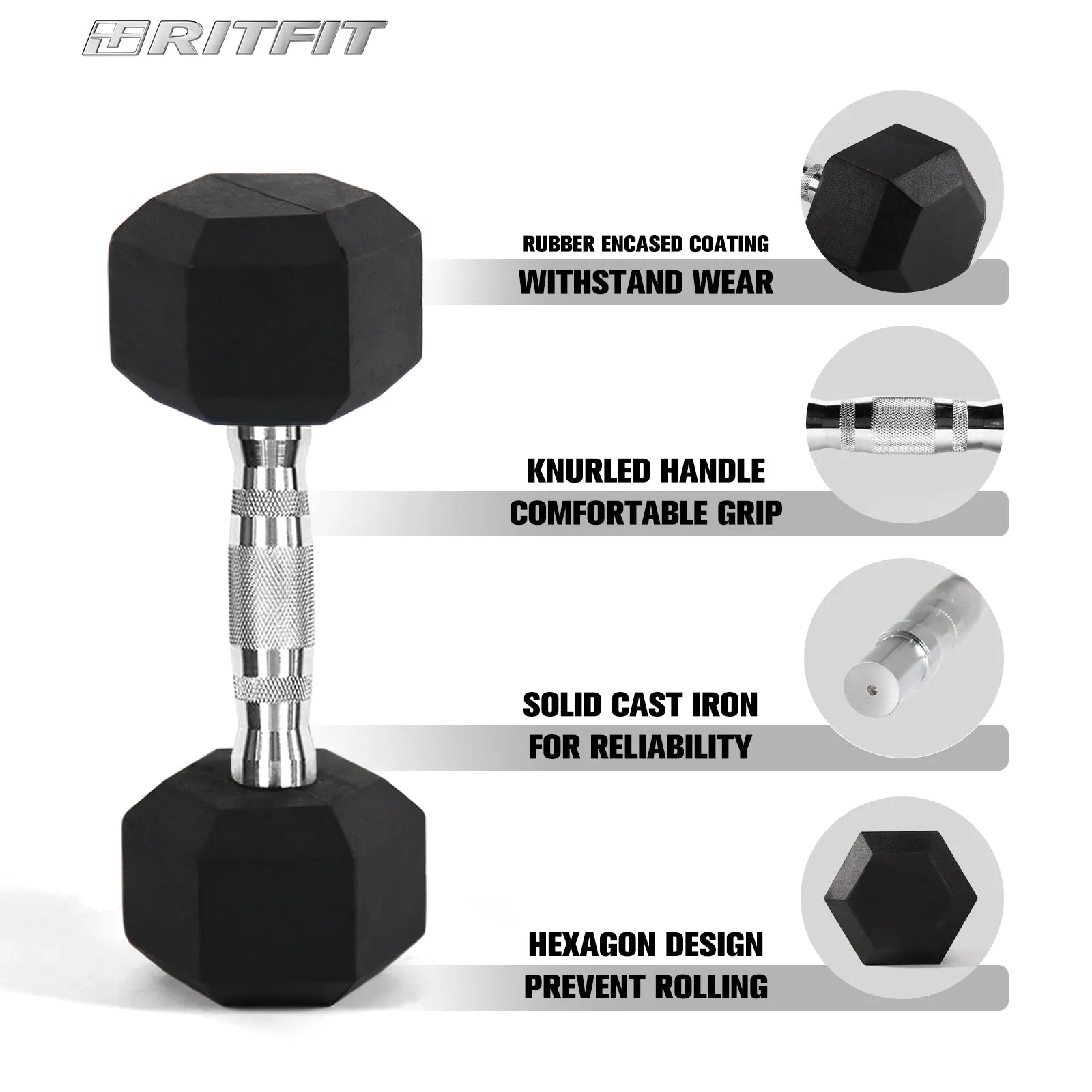 RitFit Rubber Hex Dumbbell Set with Rack